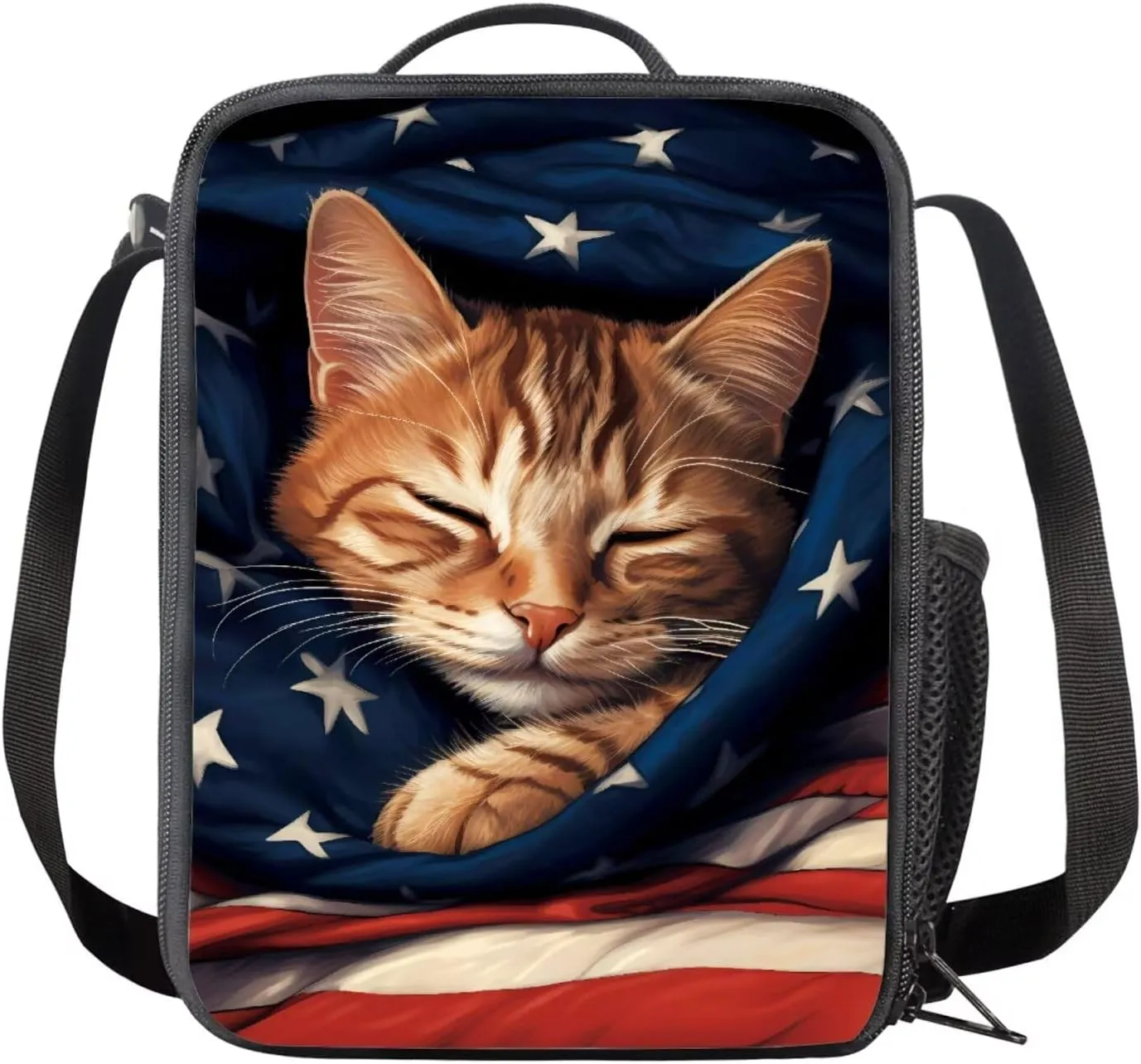 American Flag Cat Backpack for Girls Kids Backpack with Lunch Box and Pencil Case Pouch 3Pcs Set 15" Lightweight Bookbag with Front Pocket for School Large Capacity Kindergarten School Bag