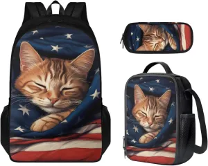 American Flag Cat Backpack for School Girls Backpack with Lunch Box and Kawaii Pencil Case 3PCS Set Cute Bookbag with Compartments 17" Large Capacity School Bag for Kids Back to School Gifts