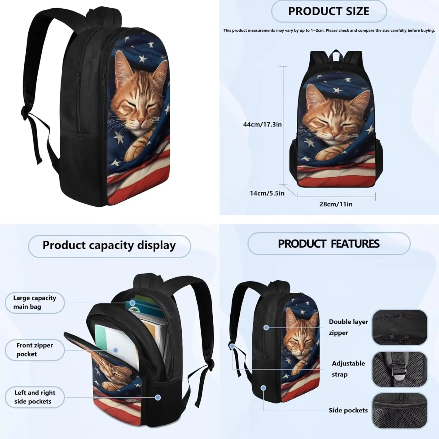 American Flag Cat Backpack for School Girls Backpack with Lunch Box and Kawaii Pencil Case 3PCS Set Cute Bookbag with Compartments 17" Large Capacity School Bag for Kids Back to School Gifts