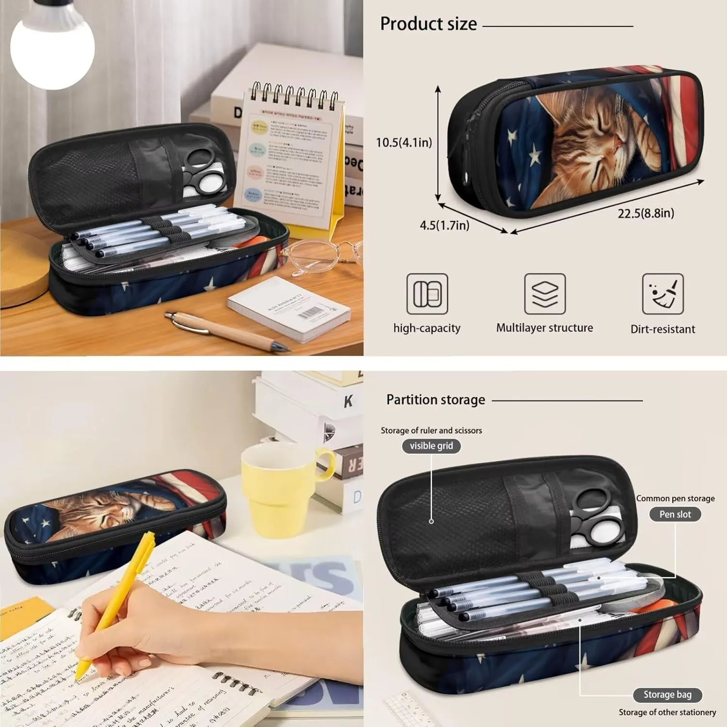 American Flag Cat Backpack for School Girls Backpack with Lunch Box and Kawaii Pencil Case 3PCS Set Cute Bookbag with Compartments 17" Large Capacity School Bag for Kids Back to School Gifts