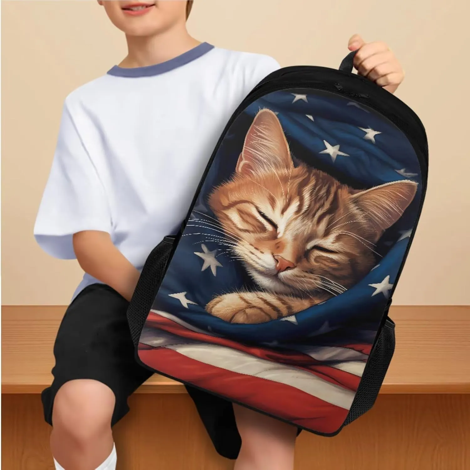 American Flag Cat Backpack for School Girls Backpack with Lunch Box and Kawaii Pencil Case 3PCS Set Cute Bookbag with Compartments 17" Large Capacity School Bag for Kids Back to School Gifts