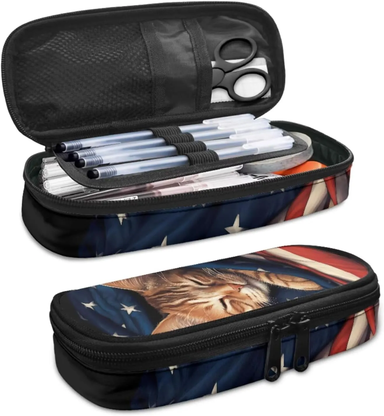 American Flag Cat Backpack for School Girls Backpack with Lunch Box and Kawaii Pencil Case 3PCS Set Cute Bookbag with Compartments 17" Large Capacity School Bag for Kids Back to School Gifts