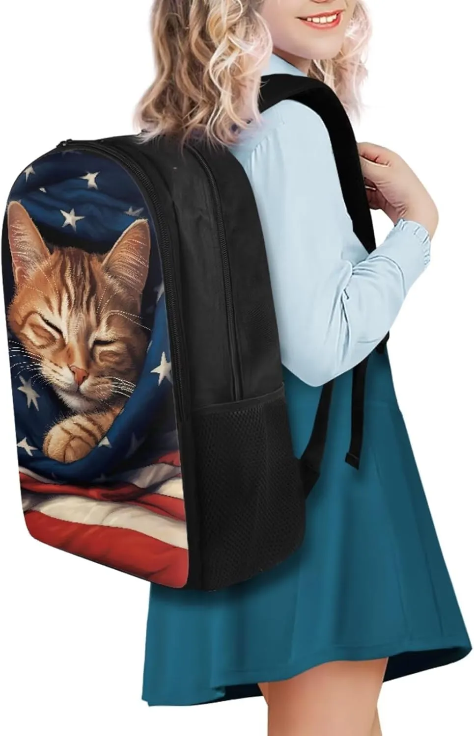 American Flag Cat Backpack for School Girls Backpack with Lunch Box and Kawaii Pencil Case 3PCS Set Cute Bookbag with Compartments 17" Large Capacity School Bag for Kids Back to School Gifts