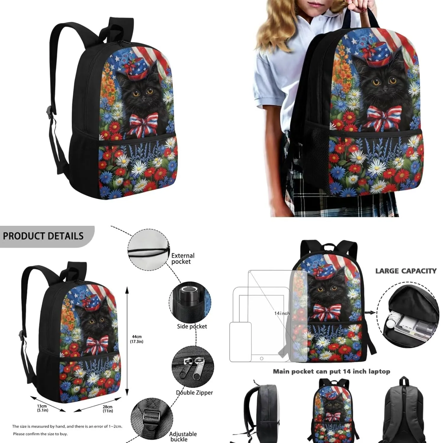 American Flag Daisy Cat Backpack for Girls Kids Backpack with Lunch Box Water Bottle Holder with Strap and Cute Pencil Case 4PCS Set Bookbag with Front Pocket for School 17 inch School Bag