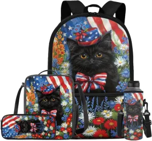 American Flag Daisy Cat Backpack for Girls Kids Backpack with Lunch Box Water Bottle Holder with Strap and Cute Pencil Case 4PCS Set Bookbag with Front Pocket for School 17 inch School Bag