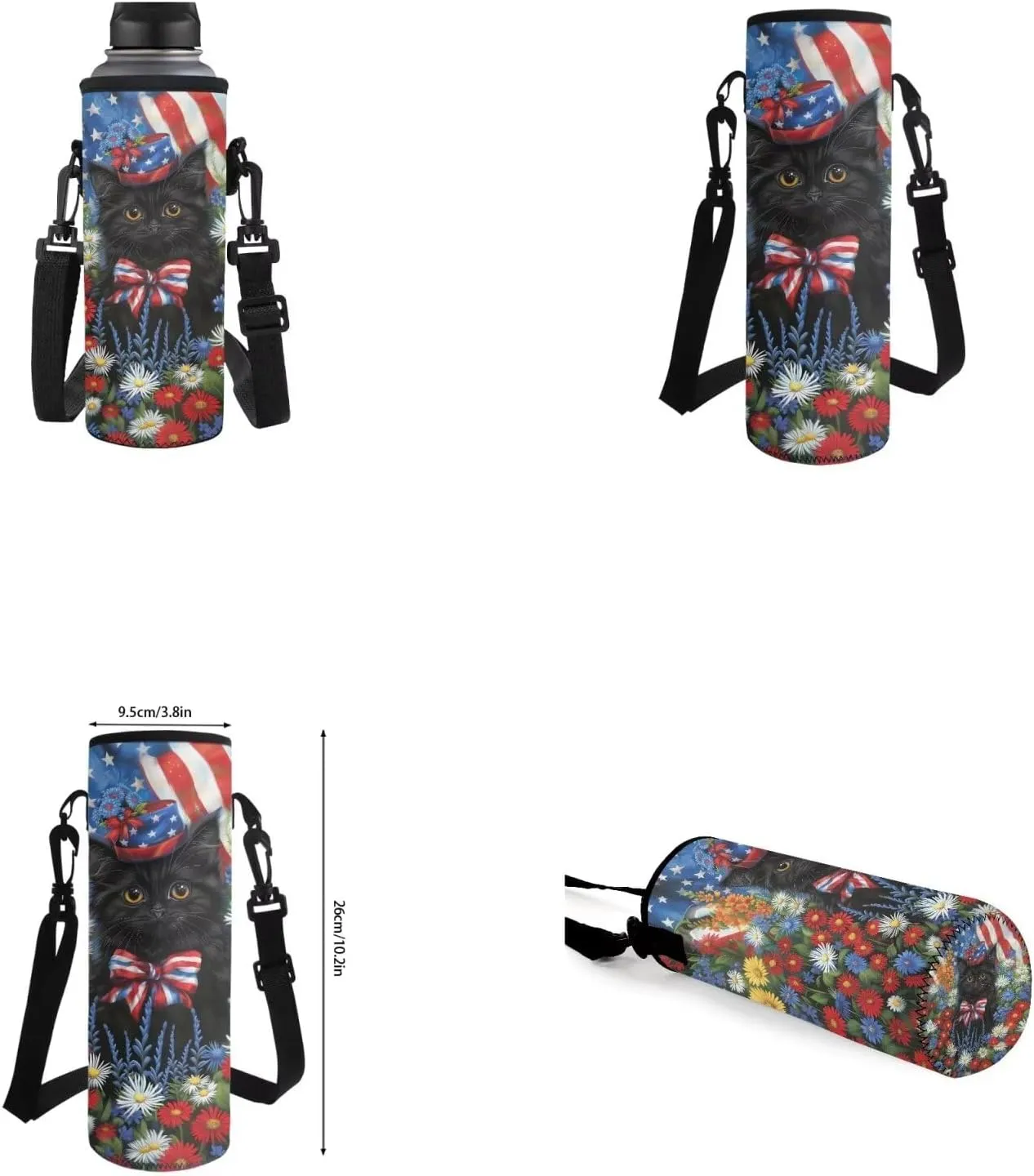 American Flag Daisy Cat Backpack for Girls Kids Backpack with Lunch Box Water Bottle Holder with Strap and Cute Pencil Case 4PCS Set Bookbag with Front Pocket for School 17 inch School Bag
