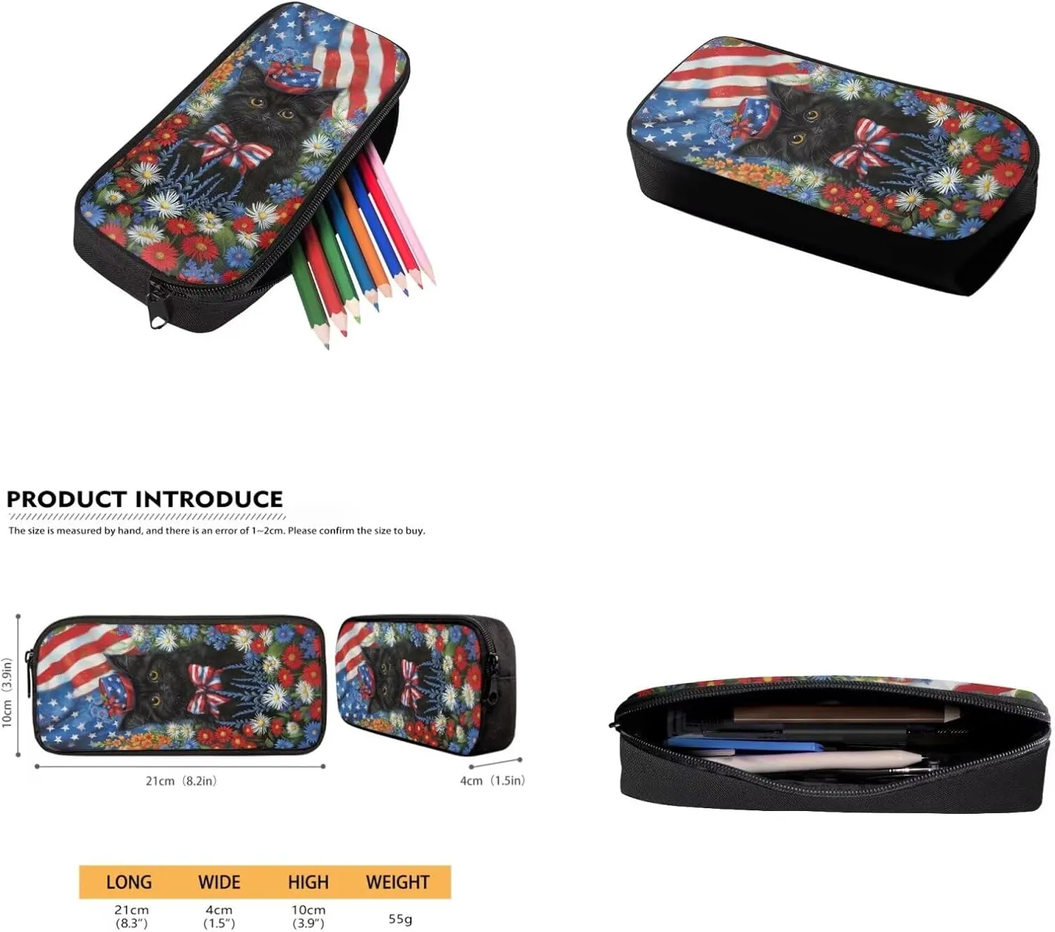 American Flag Daisy Cat Backpack for Girls Kids Backpack with Lunch Box Water Bottle Holder with Strap and Cute Pencil Case 4PCS Set Bookbag with Front Pocket for School 17 inch School Bag