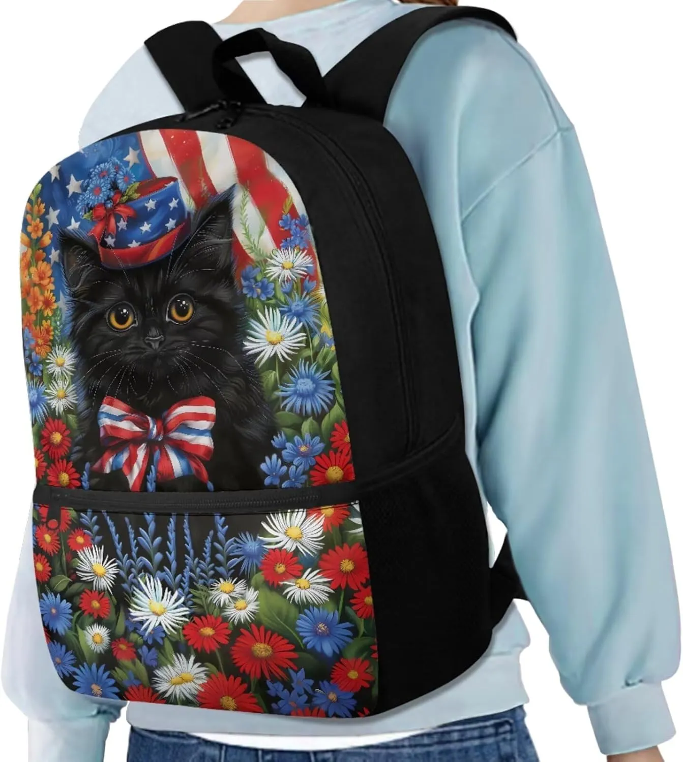 American Flag Daisy Cat Backpack for Girls Kids Backpack with Lunch Box Water Bottle Holder with Strap and Cute Pencil Case 4PCS Set Bookbag with Front Pocket for School 17 inch School Bag