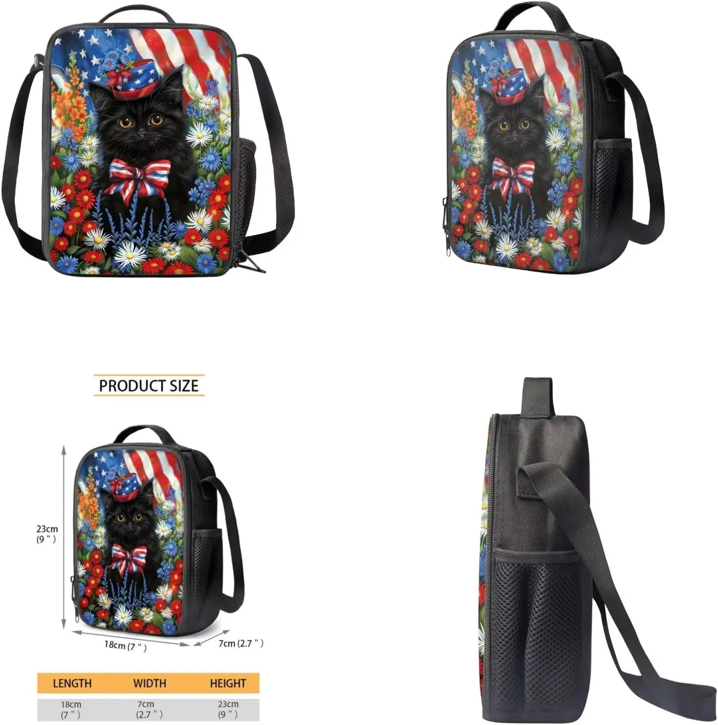 American Flag Daisy Cat Backpack for Girls Kids Backpack with Lunch Box Water Bottle Holder with Strap and Cute Pencil Case 4PCS Set Bookbag with Front Pocket for School 17 inch School Bag