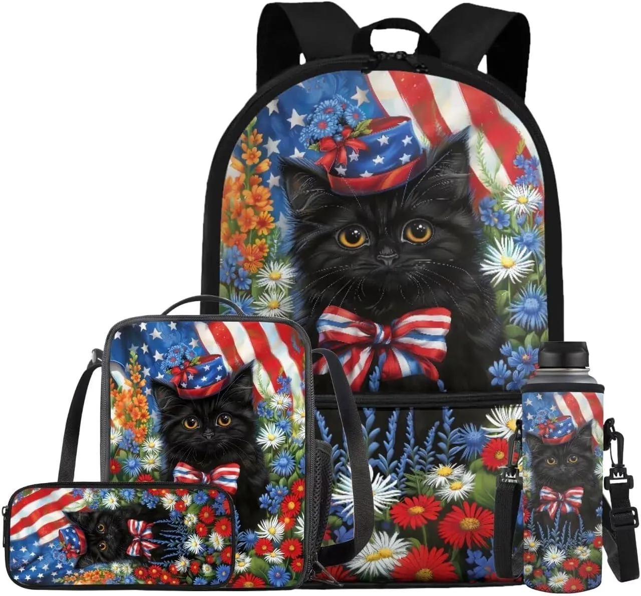 American Flag Daisy Cat Backpack for Girls Kids Backpack with Lunch Box Water Bottle Holder with Strap and Cute Pencil Case 4PCS Set Bookbag with Front Pocket for School 17 inch School Bag
