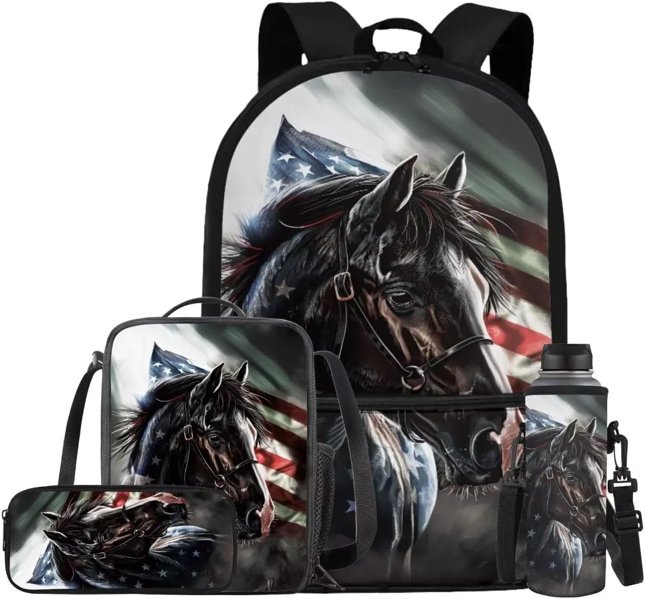 American Flag Horse Backpack for Boys Girls Backpack with Lunch Box Water Bottle Holder with Strap and Pencil Pouch 4PCS Bookbag with Front Pocket for School Teens 17 inch School Bag for Kids