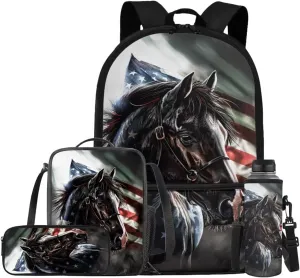 American Flag Horse Backpack for Boys Girls Backpack with Lunch Box Water Bottle Holder with Strap and Pencil Pouch 4PCS Bookbag with Front Pocket for School Teens 17 inch School Bag for Kids