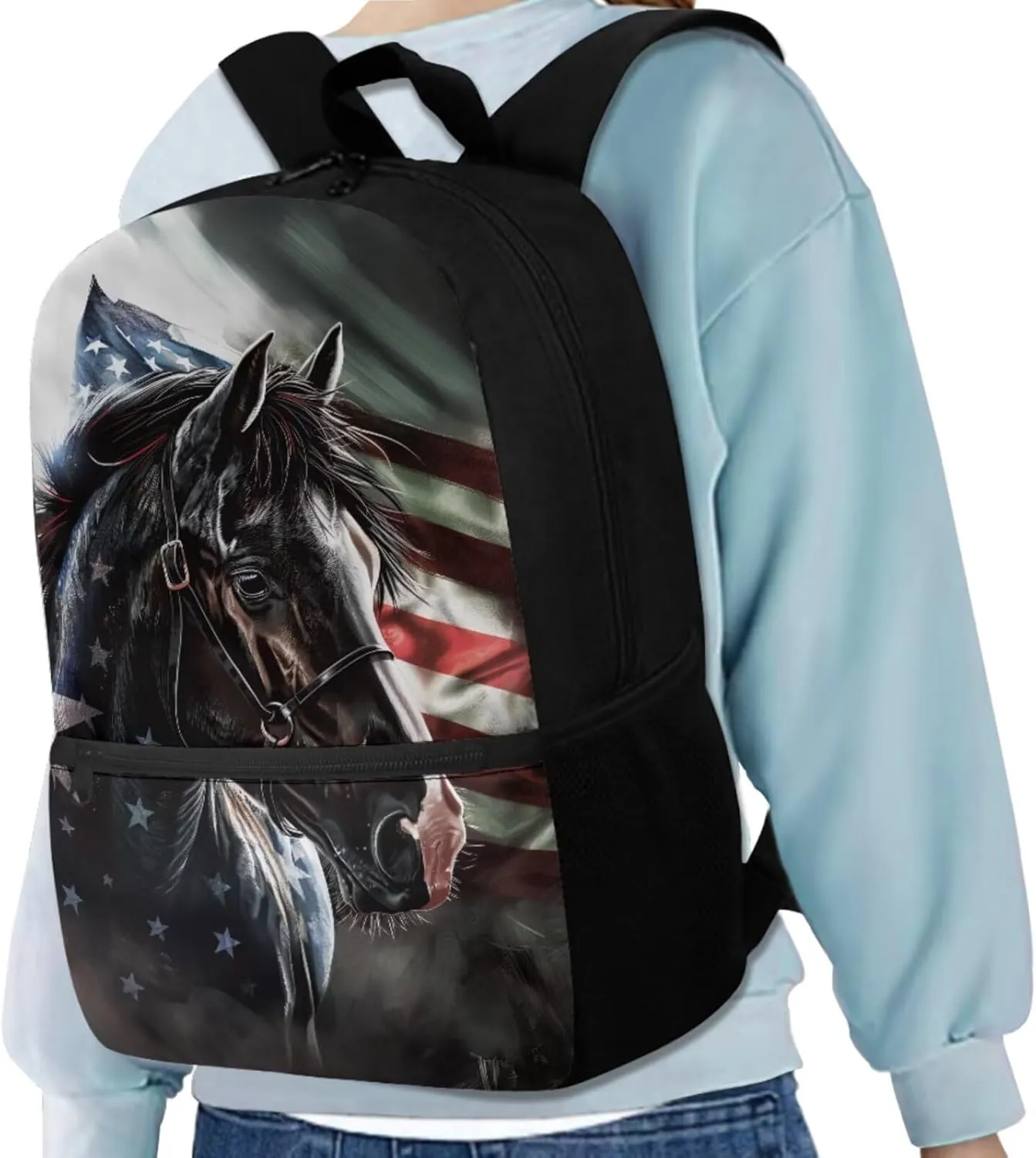 American Flag Horse Backpack for Boys Girls Backpack with Lunch Box Water Bottle Holder with Strap and Pencil Pouch 4PCS Bookbag with Front Pocket for School Teens 17 inch School Bag for Kids