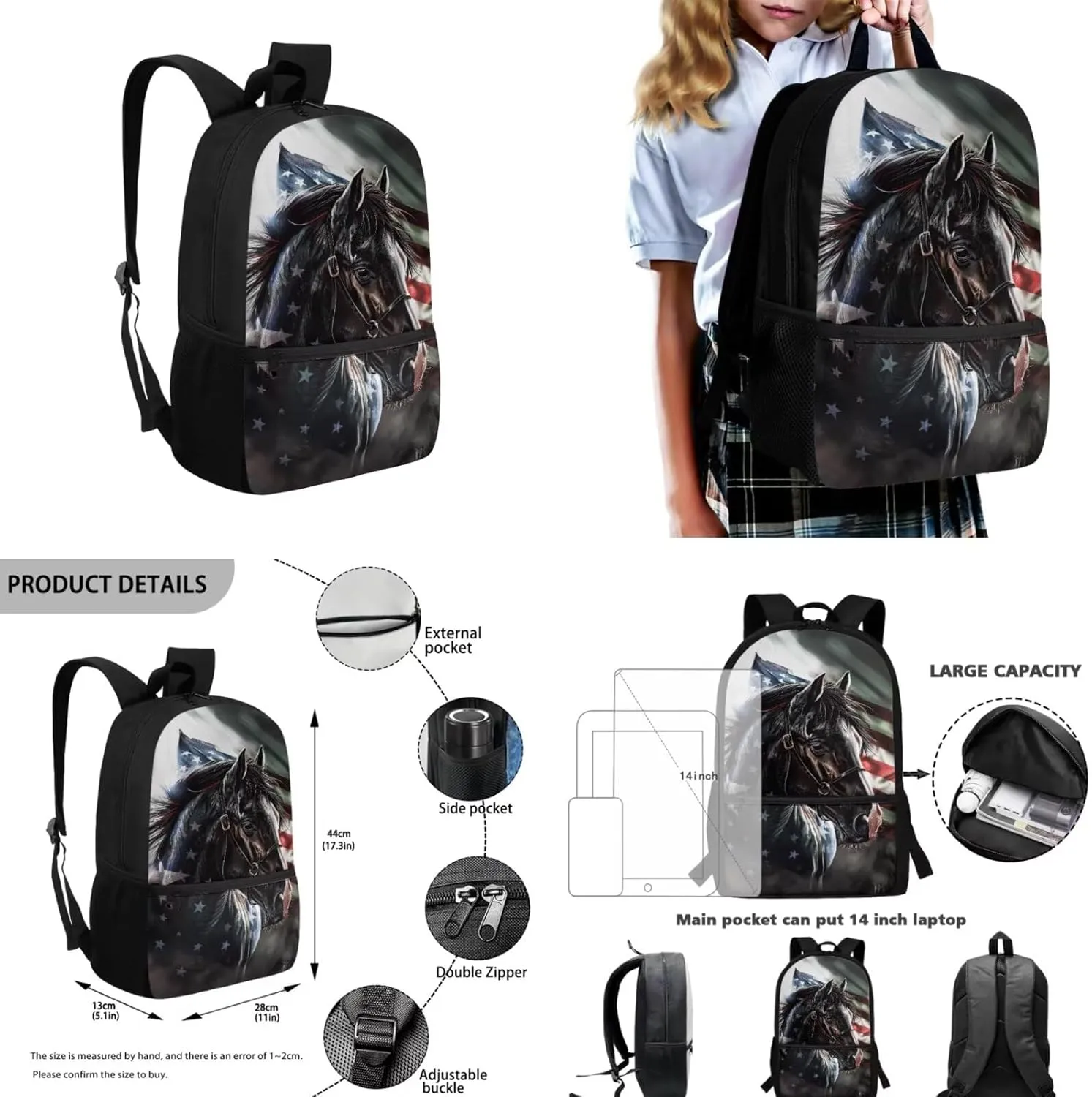 American Flag Horse Backpack for Boys Girls Backpack with Lunch Box Water Bottle Holder with Strap and Pencil Pouch 4PCS Bookbag with Front Pocket for School Teens 17 inch School Bag for Kids