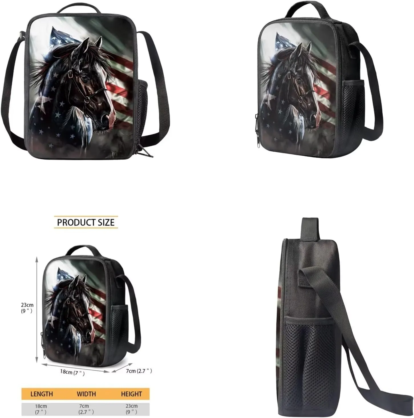 American Flag Horse Backpack for Boys Girls Backpack with Lunch Box Water Bottle Holder with Strap and Pencil Pouch 4PCS Bookbag with Front Pocket for School Teens 17 inch School Bag for Kids