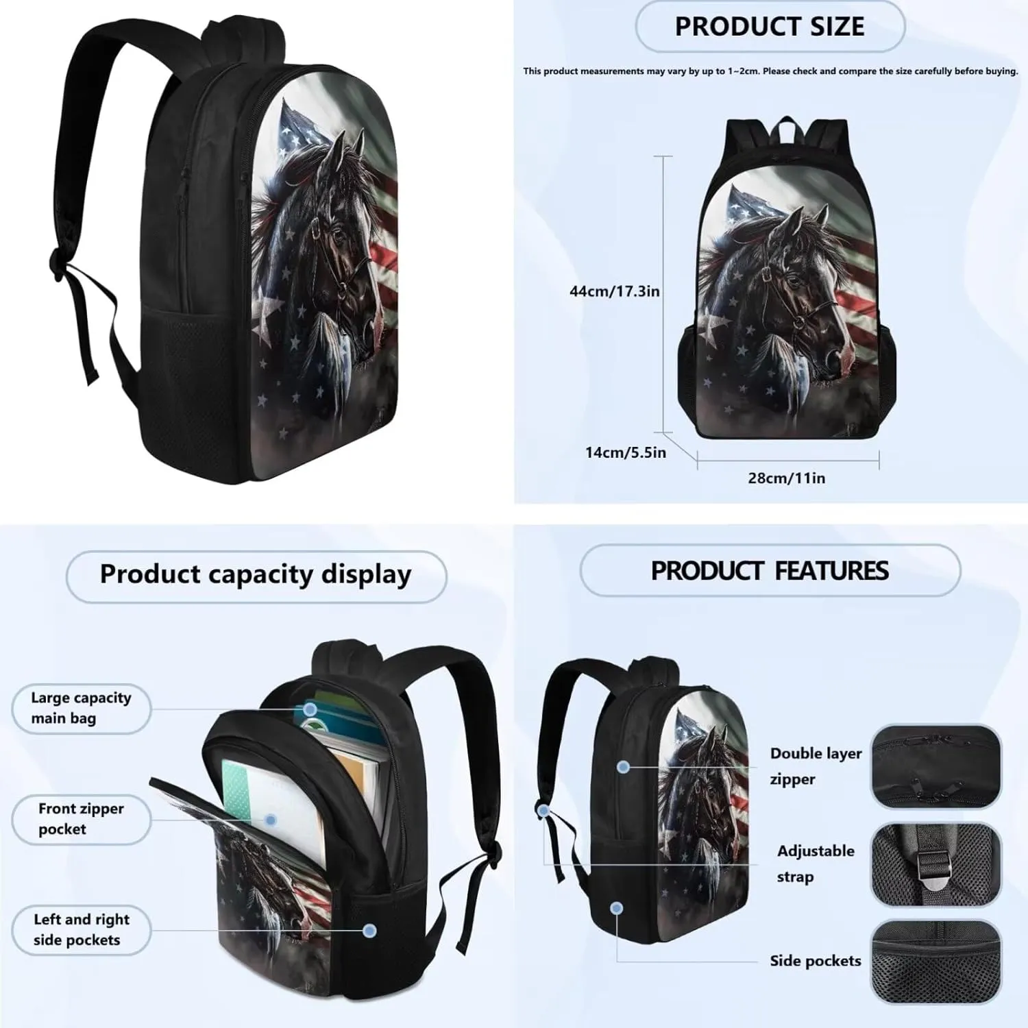 American Flag Horse Backpack for Boys Kids Backpack with Lunch Box and Big Pencil Case 3PCS Set Bookbag with Compartments for School Teens 17 inch Large Capacity School Bag with Side Pocket