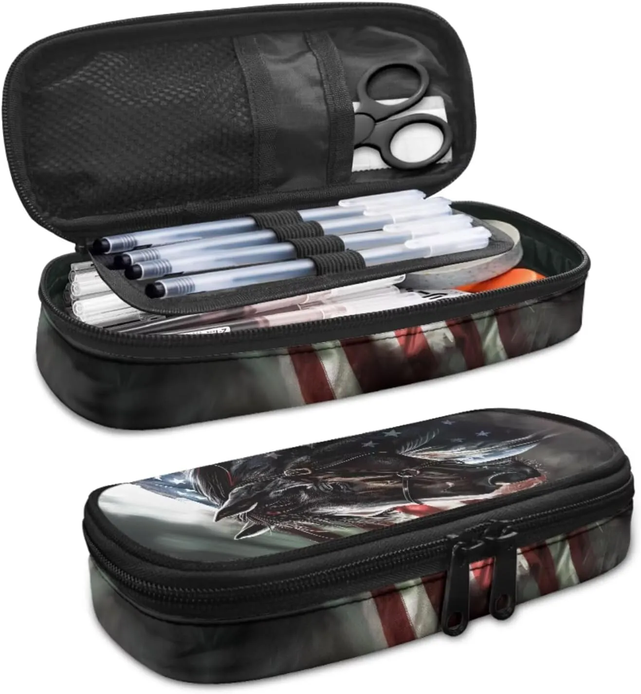 American Flag Horse Backpack for Boys Kids Backpack with Lunch Box and Big Pencil Case 3PCS Set Bookbag with Compartments for School Teens 17 inch Large Capacity School Bag with Side Pocket