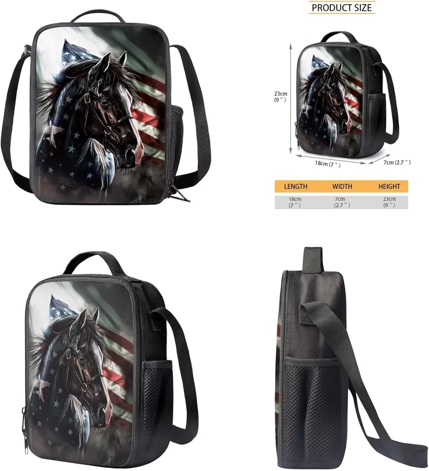 American Flag Horse Backpack for Boys Kids Backpack with Lunch Box and Big Pencil Case 3PCS Set Bookbag with Compartments for School Teens 17 inch Large Capacity School Bag with Side Pocket