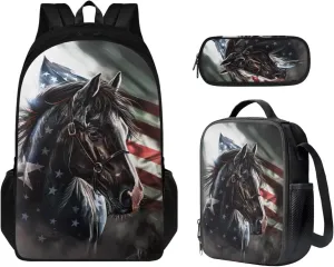 American Flag Horse Backpack for Boys Kids Backpack with Lunch Box and Big Pencil Case 3PCS Set Bookbag with Compartments for School Teens 17 inch Large Capacity School Bag with Side Pocket