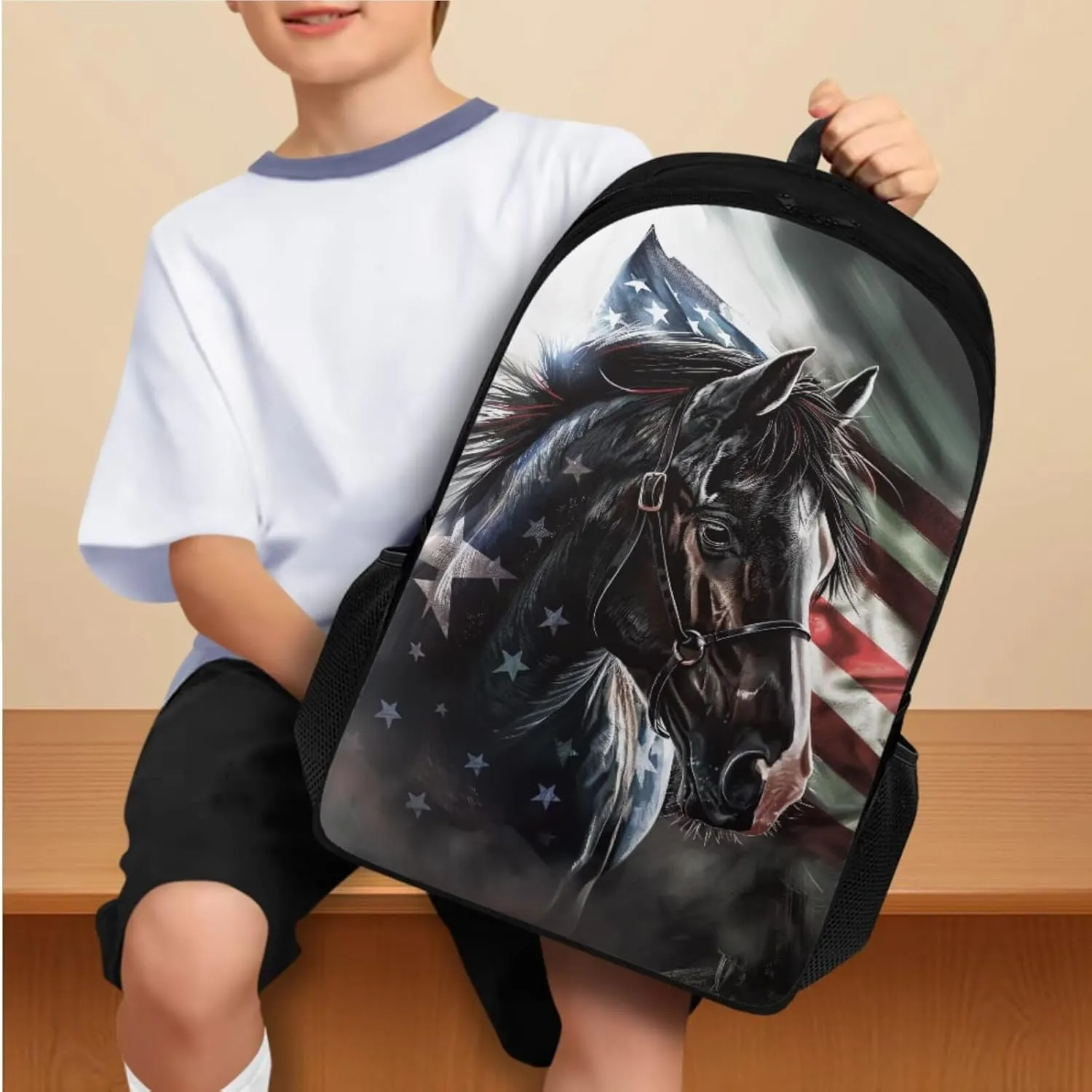 American Flag Horse Backpack for Boys Kids Backpack with Lunch Box and Big Pencil Case 3PCS Set Bookbag with Compartments for School Teens 17 inch Large Capacity School Bag with Side Pocket