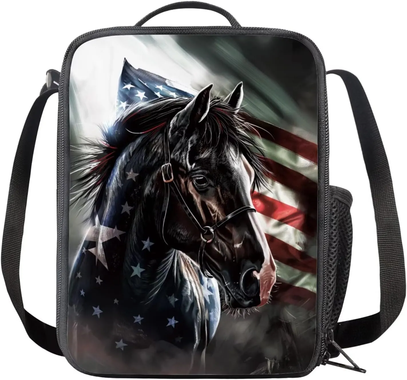 American Flag Horse Backpack for Boys Kids Backpack with Lunch Box and Big Pencil Case 3PCS Set Bookbag with Compartments for School Teens 17 inch Large Capacity School Bag with Side Pocket