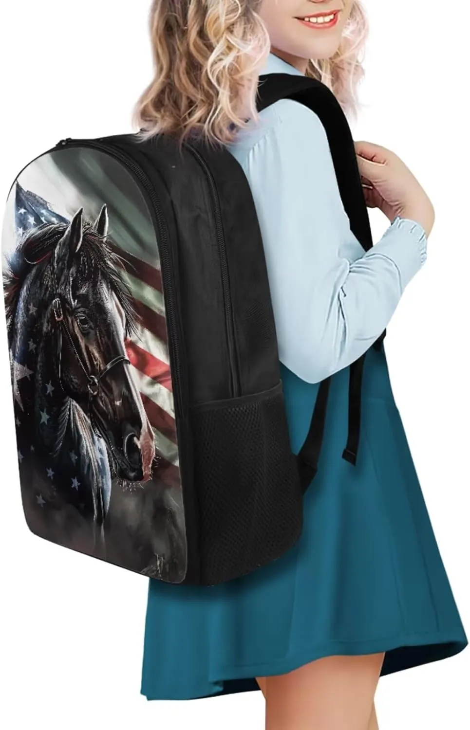 American Flag Horse Backpack for Boys Kids Backpack with Lunch Box and Big Pencil Case 3PCS Set Bookbag with Compartments for School Teens 17 inch Large Capacity School Bag with Side Pocket