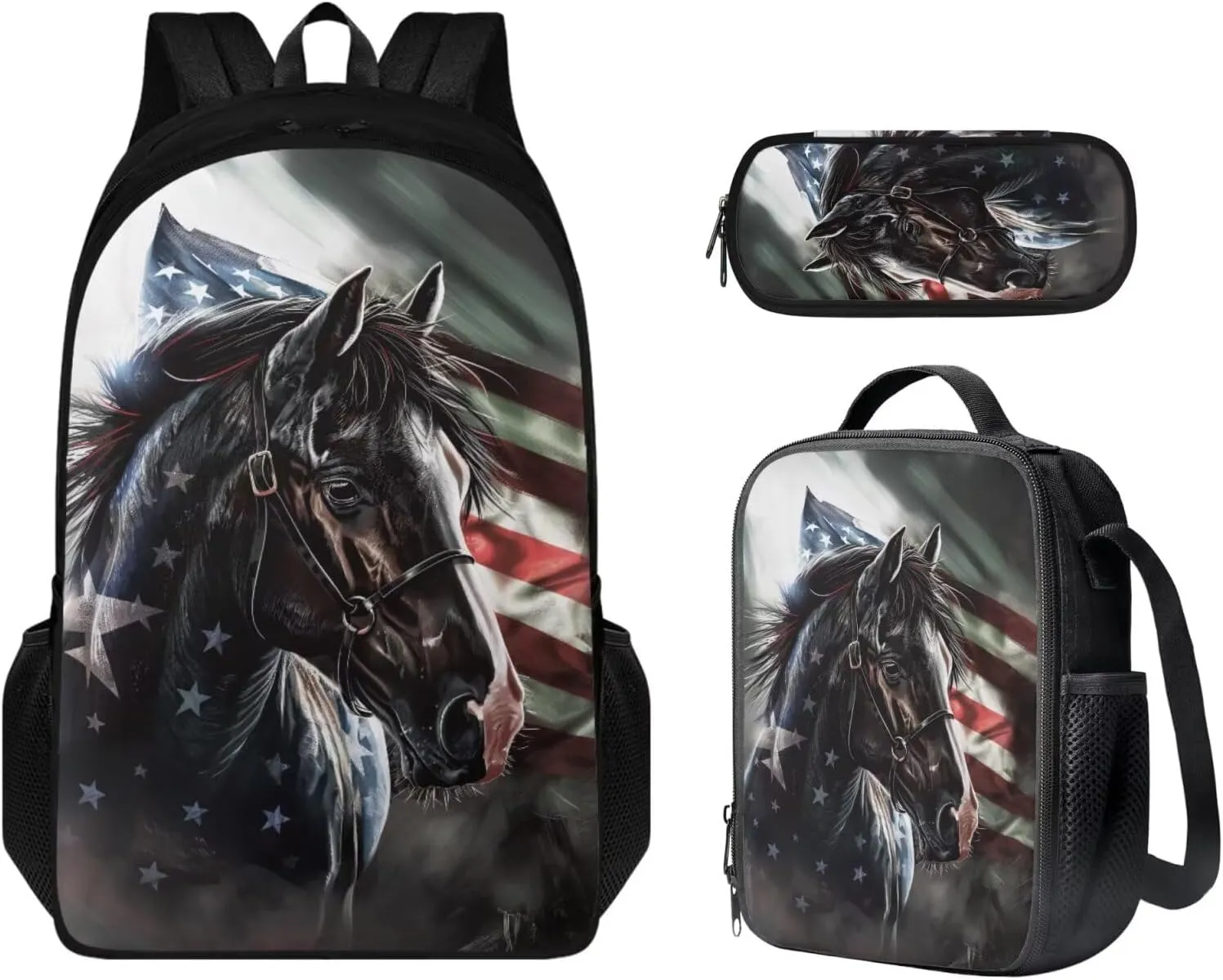 American Flag Horse Backpack for Boys Kids Backpack with Lunch Box and Big Pencil Case 3PCS Set Bookbag with Compartments for School Teens 17 inch Large Capacity School Bag with Side Pocket
