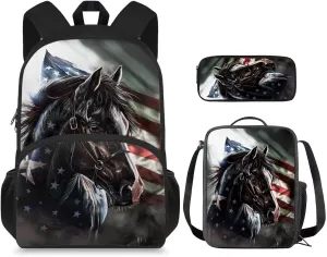 American Flag Horse Backpack for Boys Kids Backpack with Lunch Box and Big Pencil Pouch 3Pcs Set 15" Large Capacity Bookbag with Front Pocket for School Lightweight Kindergarten School Bag