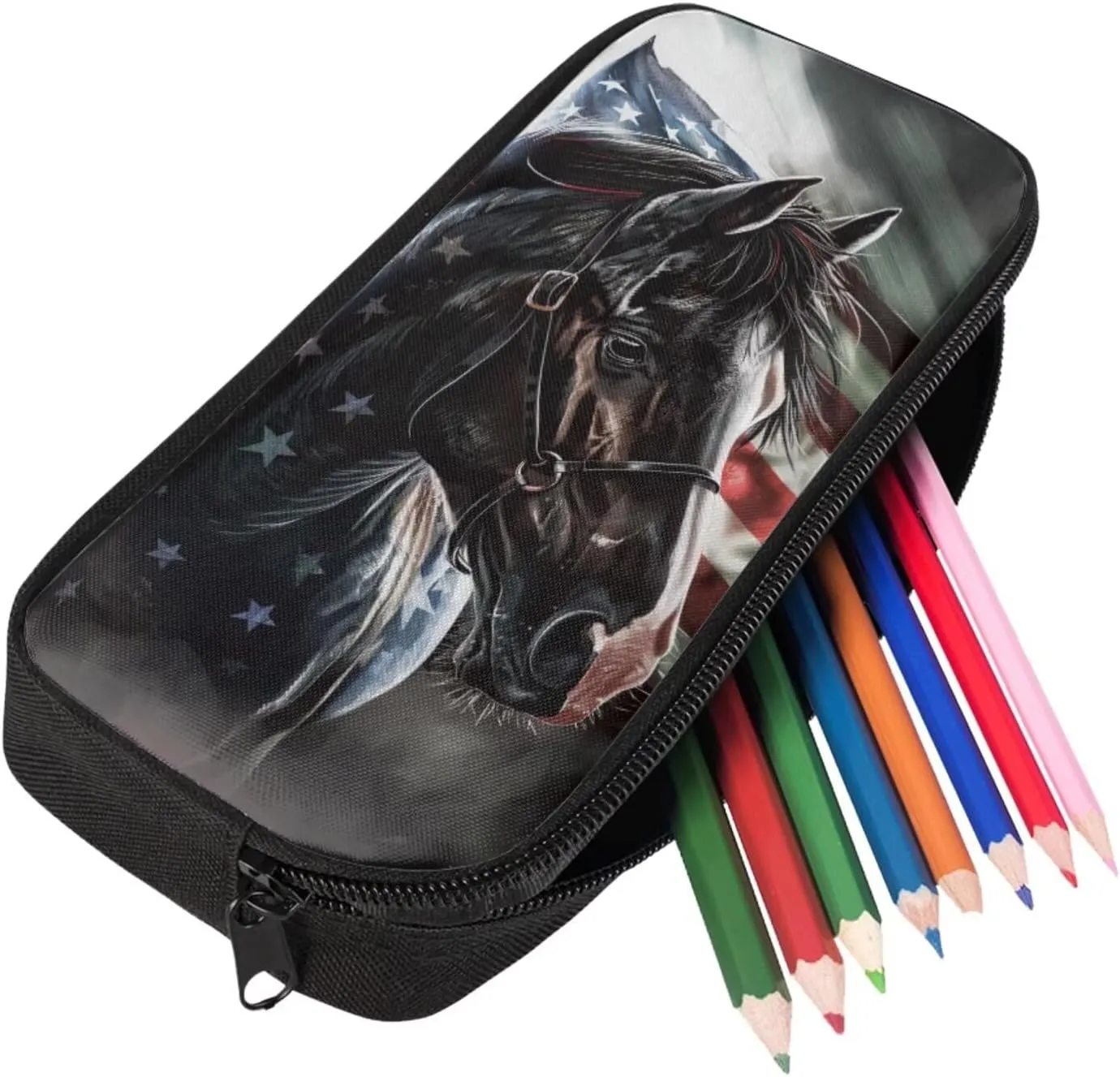 American Flag Horse Backpack for Boys Kids Backpack with Lunch Box and Big Pencil Pouch 3Pcs Set 15" Large Capacity Bookbag with Front Pocket for School Lightweight Kindergarten School Bag