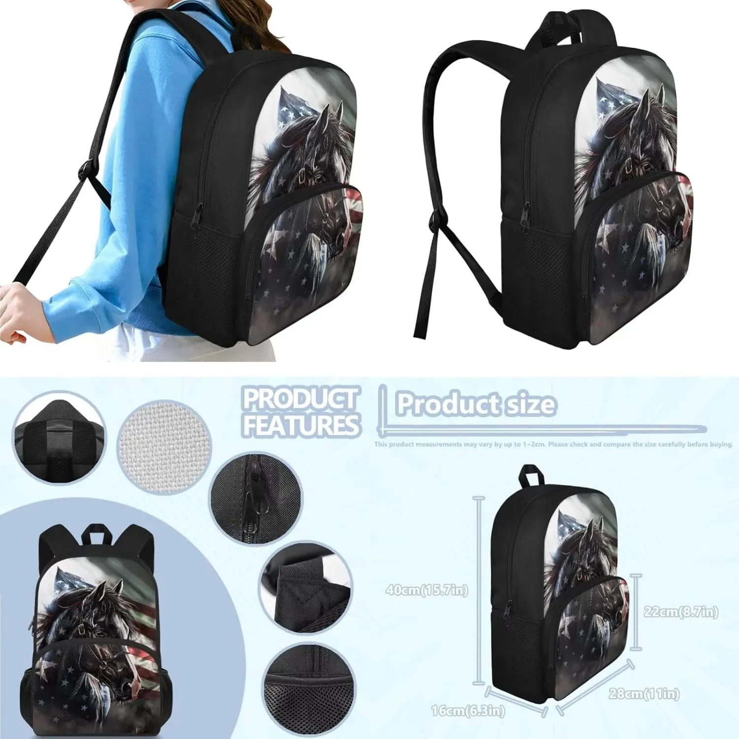 American Flag Horse Backpack for Boys Kids Backpack with Lunch Box and Big Pencil Pouch 3Pcs Set 15" Large Capacity Bookbag with Front Pocket for School Lightweight Kindergarten School Bag