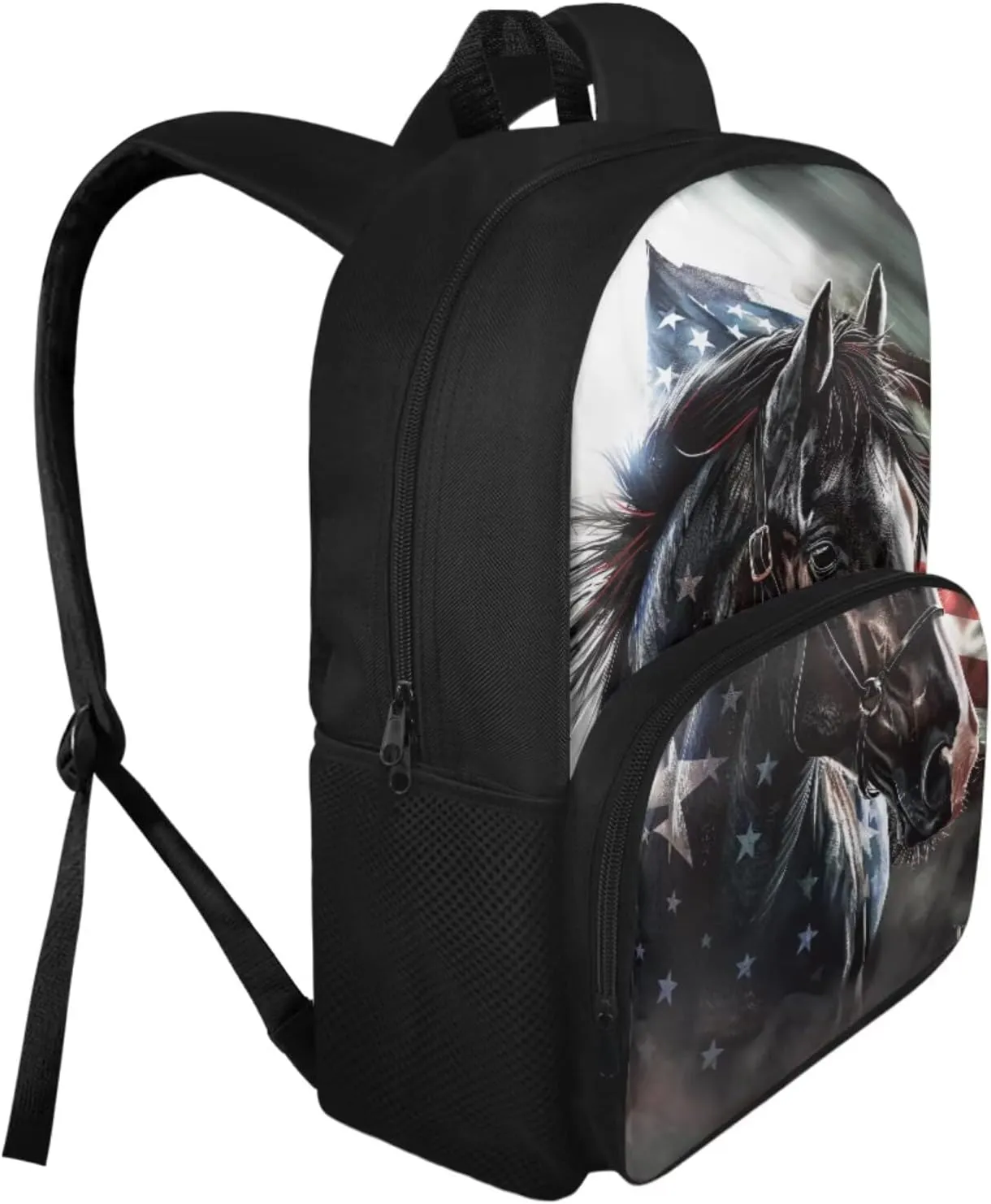 American Flag Horse Backpack for Boys Kids Backpack with Lunch Box and Big Pencil Pouch 3Pcs Set 15" Large Capacity Bookbag with Front Pocket for School Lightweight Kindergarten School Bag