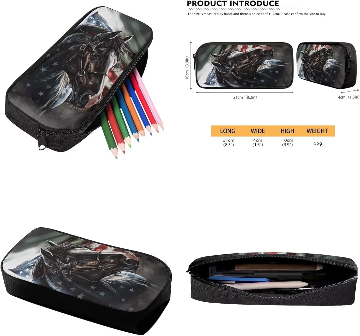 American Flag Horse Backpack for Boys Kids Backpack with Lunch Box and Big Pencil Pouch 3Pcs Set 15" Large Capacity Bookbag with Front Pocket for School Lightweight Kindergarten School Bag