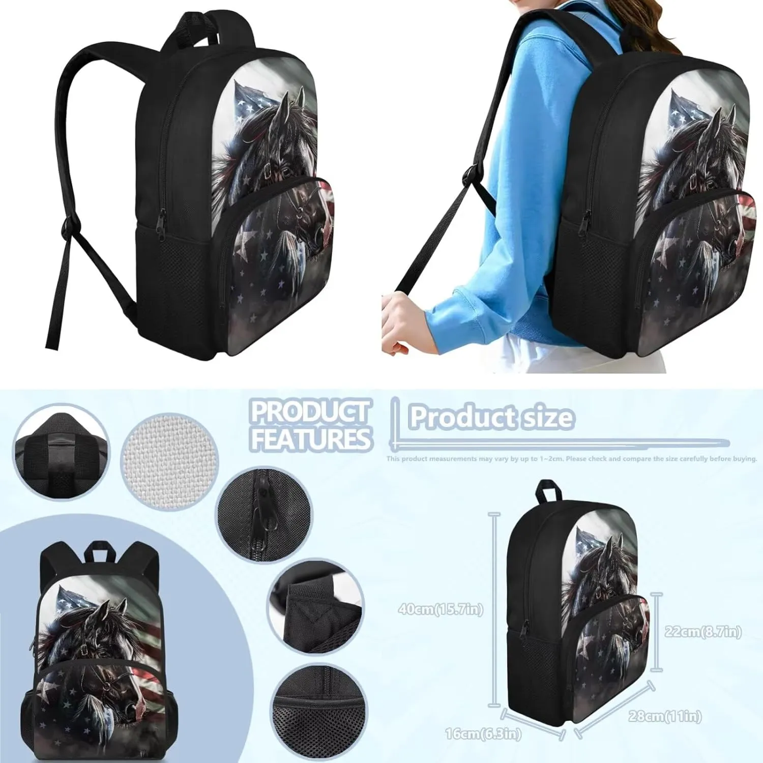 American Flag Horse Backpack for Boys Kids Backpack with Lunch Box and Pencil Case Pouch 3 Pcs Set 15" Lightweight Bookbag with Front Pocket for School Large Capacity Kindergarten School Bag