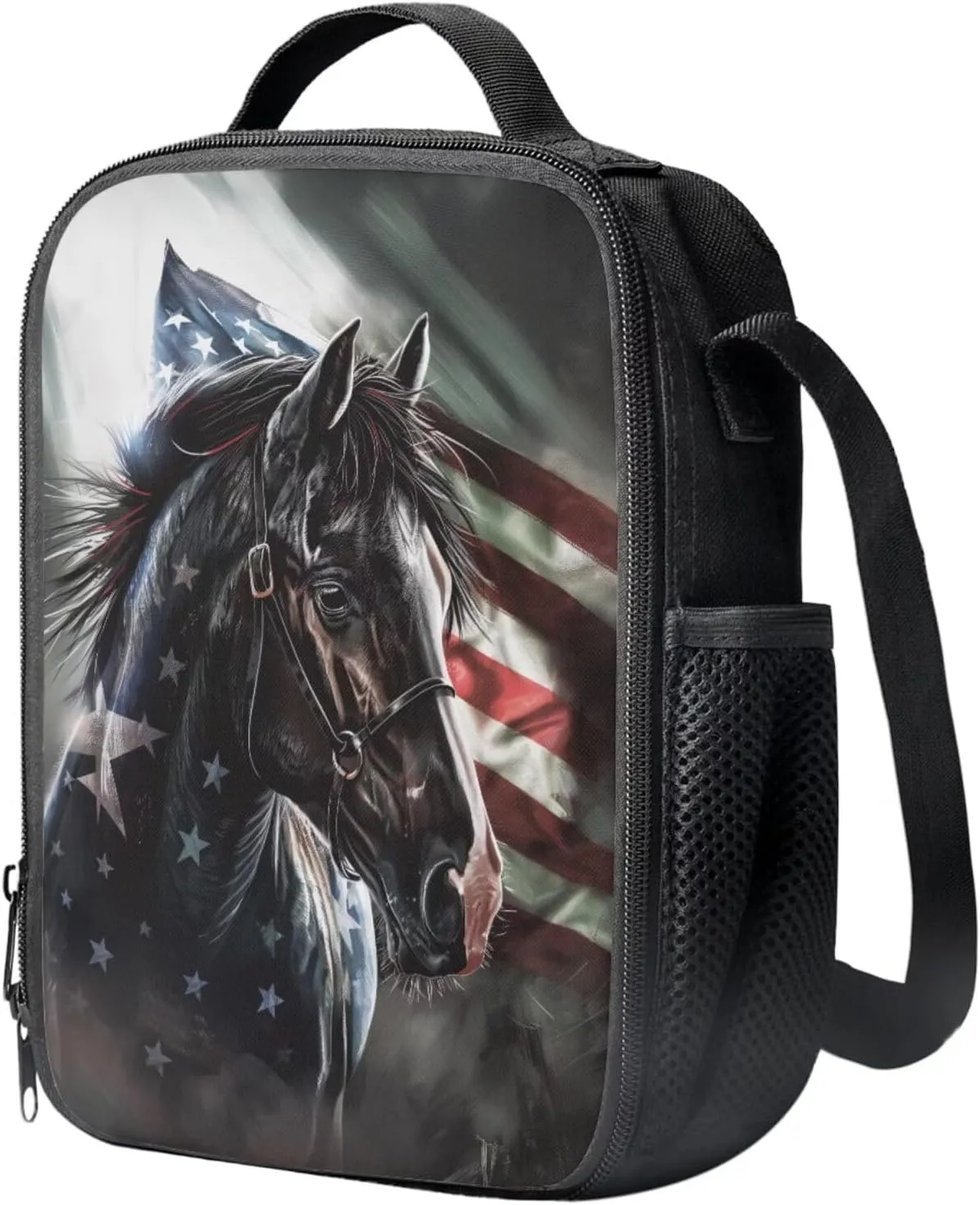 American Flag Horse Backpack for Boys Kids Backpack with Lunch Box and Pencil Case Pouch 3 Pcs Set 15" Lightweight Bookbag with Front Pocket for School Large Capacity Kindergarten School Bag