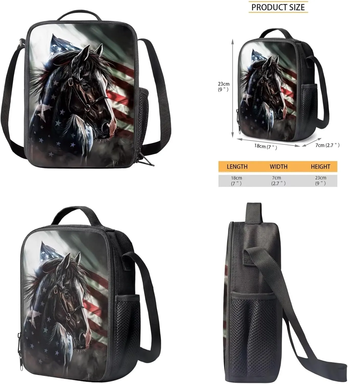 American Flag Horse Backpack for Boys Kids Backpack with Lunch Box and Pencil Case Pouch 3 Pcs Set 15" Lightweight Bookbag with Front Pocket for School Large Capacity Kindergarten School Bag