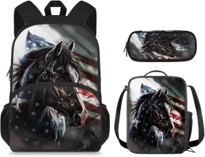 American Flag Horse Backpack for Boys Kids Backpack with Lunch Box and Pencil Case Pouch 3 Pcs Set 15" Lightweight Bookbag with Front Pocket for School Large Capacity Kindergarten School Bag