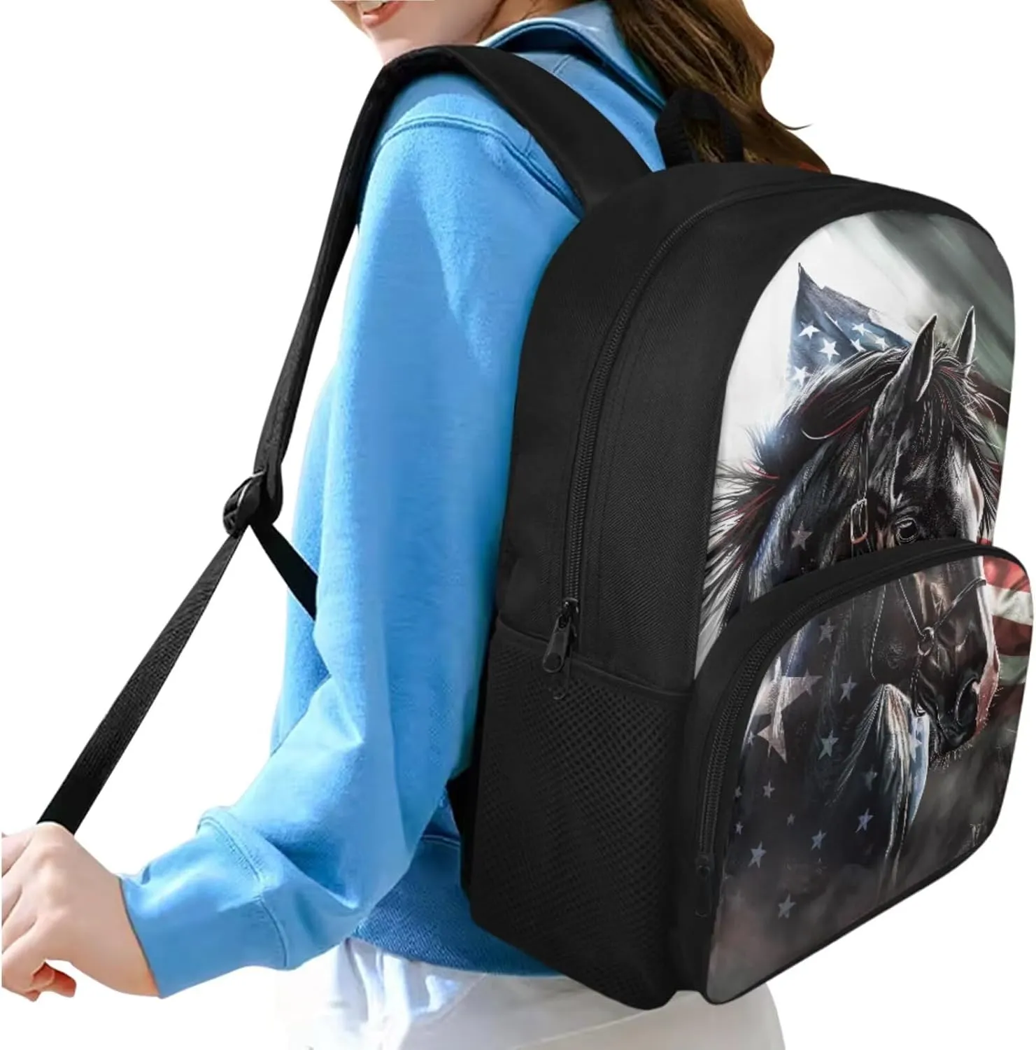 American Flag Horse Backpack for Boys Kids Backpack with Lunch Box and Pencil Case Pouch 3 Pcs Set 15" Lightweight Bookbag with Front Pocket for School Large Capacity Kindergarten School Bag