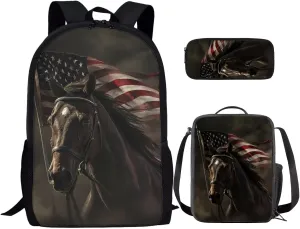 American Flag Horse Backpack for Boys Kids Backpack with Lunch Box and Soft Pencil Case 3PCS Bookbag Set for School Teens 17" Lightweight School Bag with Side Pocket Casual Daypack Backpacks