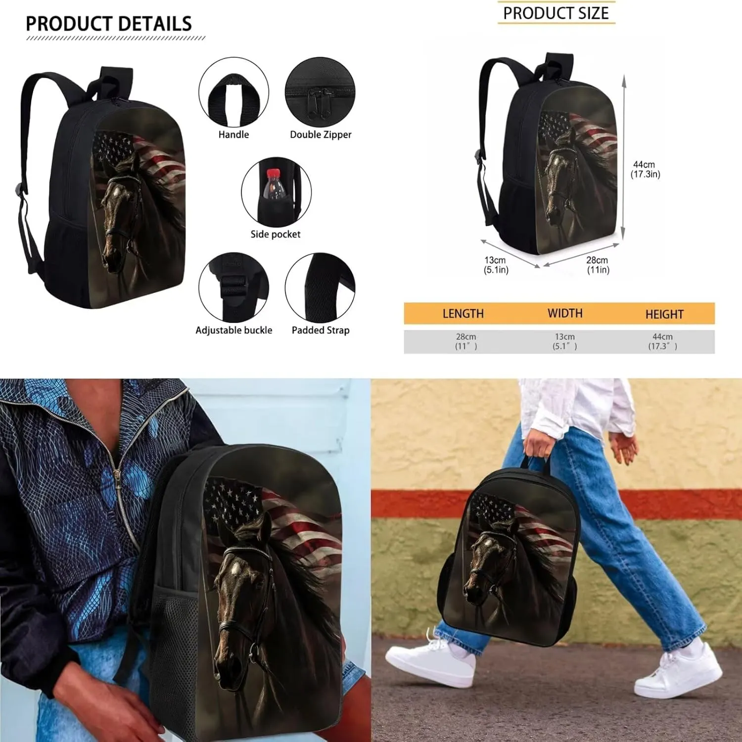 American Flag Horse Backpack for Boys Kids Backpack with Lunch Box and Soft Pencil Case 3PCS Bookbag Set for School Teens 17" Lightweight School Bag with Side Pocket Casual Daypack Backpacks