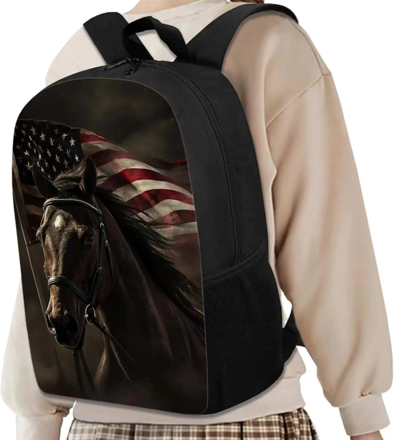 American Flag Horse Backpack for Boys Kids Backpack with Lunch Box and Soft Pencil Case 3PCS Bookbag Set for School Teens 17" Lightweight School Bag with Side Pocket Casual Daypack Backpacks