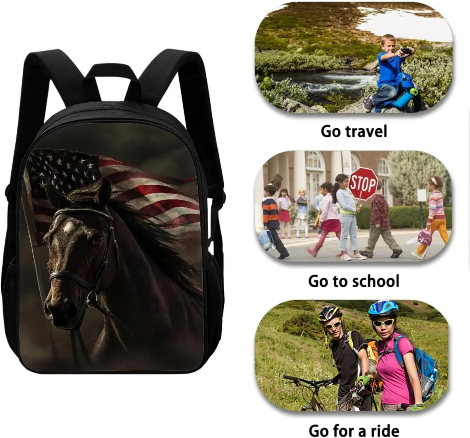 American Flag Horse Backpack for Boys Kids Backpack with Lunch Box and Soft Pencil Case 3PCS Bookbag Set for School Teens 17" Lightweight School Bag with Side Pocket Casual Daypack Backpacks