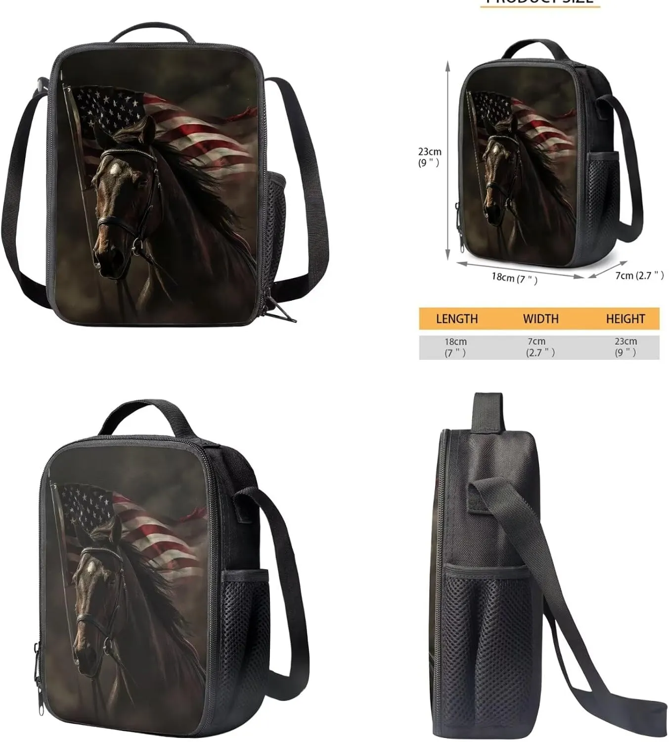 American Flag Horse Backpack for Boys Kids Backpack with Lunch Box and Soft Pencil Case 3PCS Bookbag Set for School Teens 17" Lightweight School Bag with Side Pocket Casual Daypack Backpacks