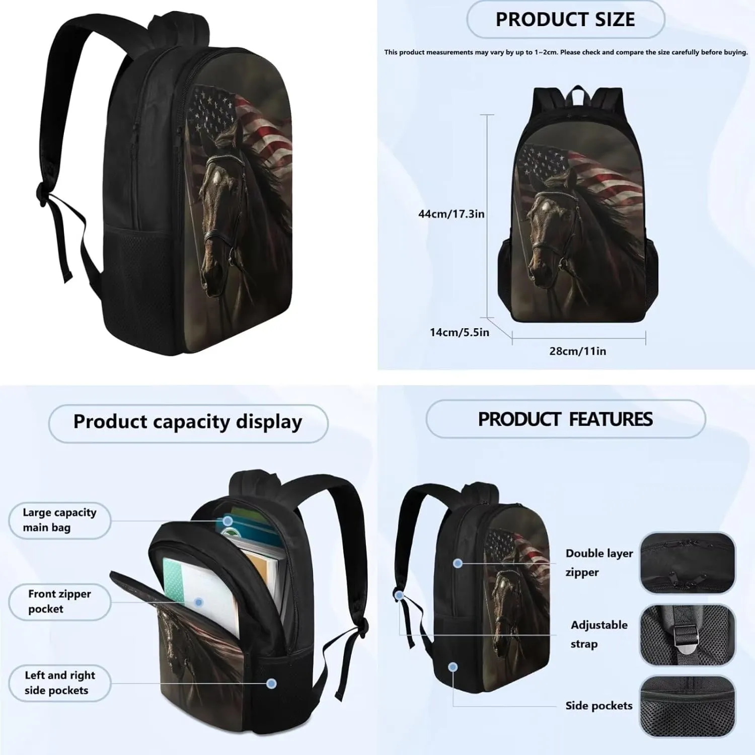 American Flag Horse Backpack for Boys Kids Backpack with Lunch Box Water Bottle Carrier and Soft Pencil Case 4PCS Set Bookbag with Compartments for School Teens 17 inch Lightweight School Bag