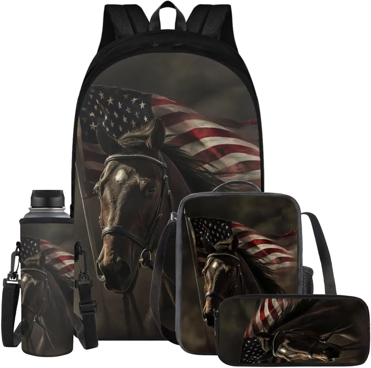 American Flag Horse Backpack for Boys Kids Backpack with Lunch Box Water Bottle Carrier and Soft Pencil Case 4PCS Set Bookbag with Compartments for School Teens 17 inch Lightweight School Bag