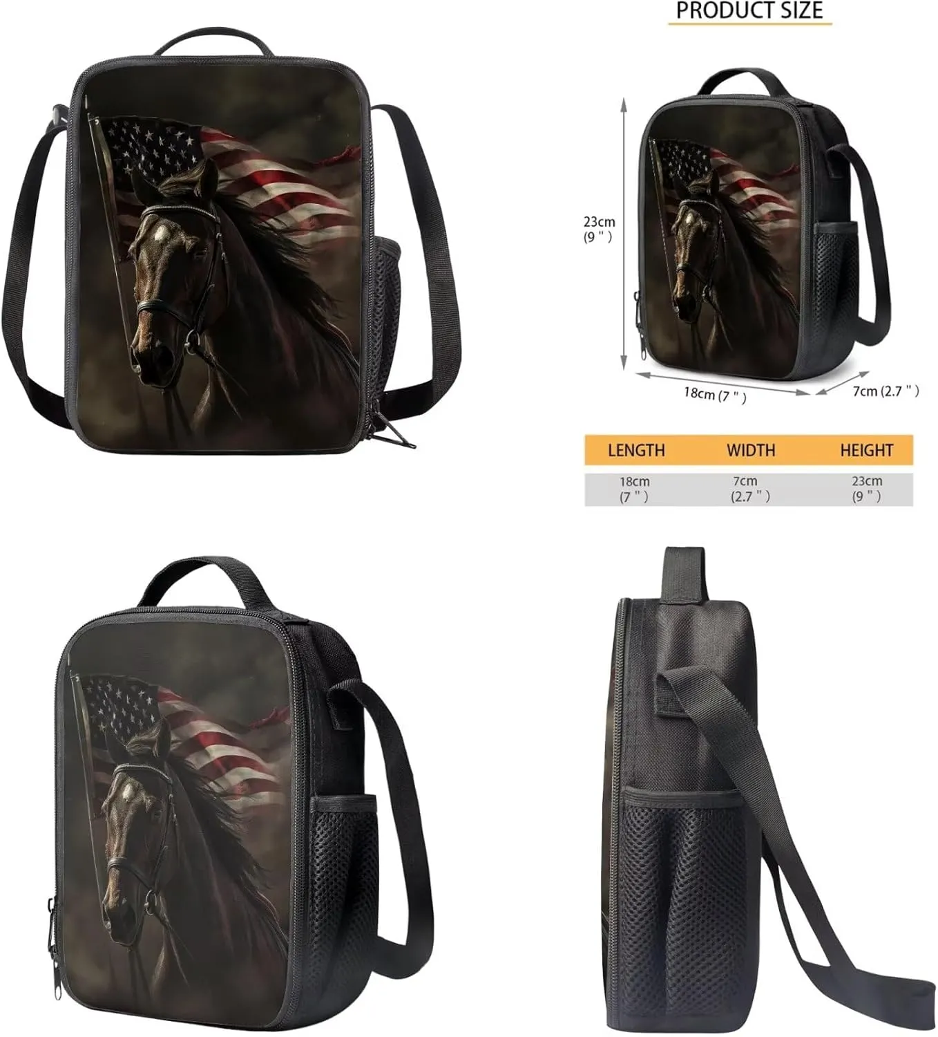 American Flag Horse Backpack for Boys Kids Backpack with Lunch Box Water Bottle Carrier and Soft Pencil Case 4PCS Set Bookbag with Compartments for School Teens 17 inch Lightweight School Bag