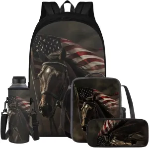 American Flag Horse Backpack for Boys Kids Backpack with Lunch Box Water Bottle Carrier and Soft Pencil Case 4PCS Set Bookbag with Compartments for School Teens 17 inch Lightweight School Bag
