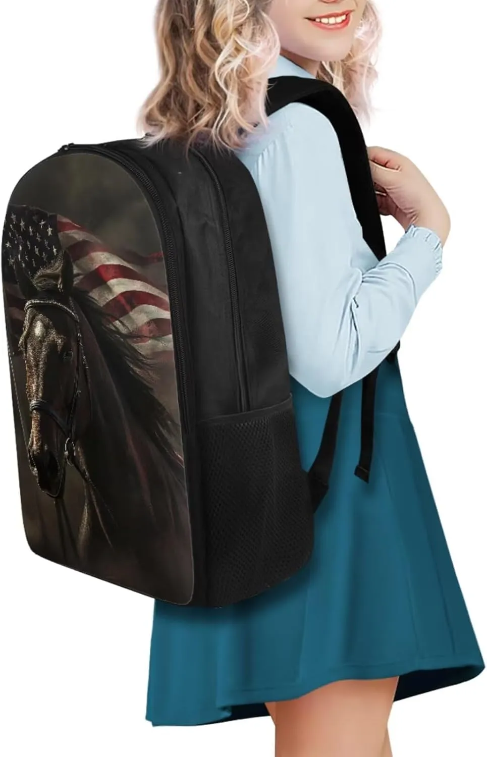 American Flag Horse Backpack for Boys Kids Backpack with Lunch Box Water Bottle Carrier and Soft Pencil Case 4PCS Set Bookbag with Compartments for School Teens 17 inch Lightweight School Bag