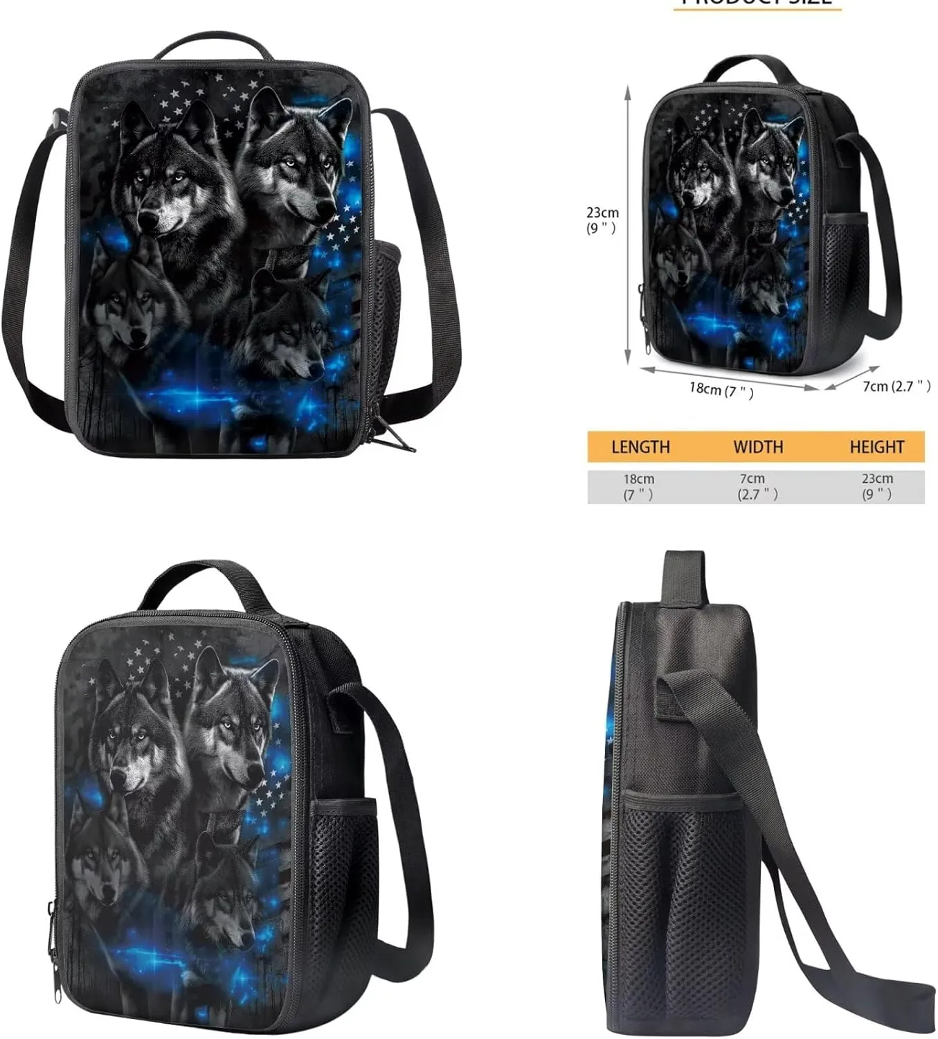 American Flag Wolf Backpack for Boys Kids Backpack with Lunch Box and Soft Pencil Pouch 3PCS Cute Bookbag Set for School Teens 17" Large School Bag with Side Pocket Casual Daypack Backpacks