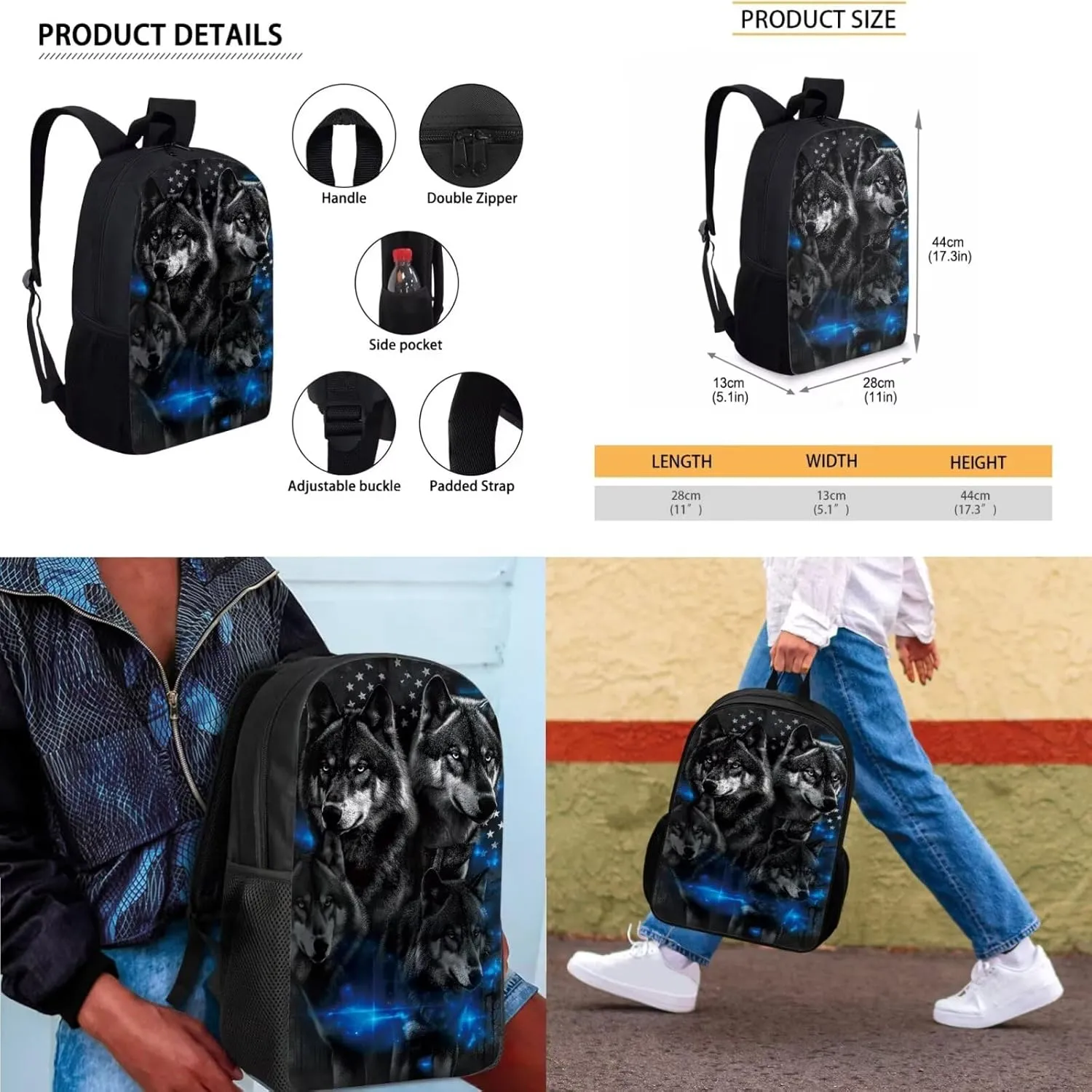 American Flag Wolf Backpack for Boys Kids Backpack with Lunch Box and Soft Pencil Pouch 3PCS Cute Bookbag Set for School Teens 17" Large School Bag with Side Pocket Casual Daypack Backpacks