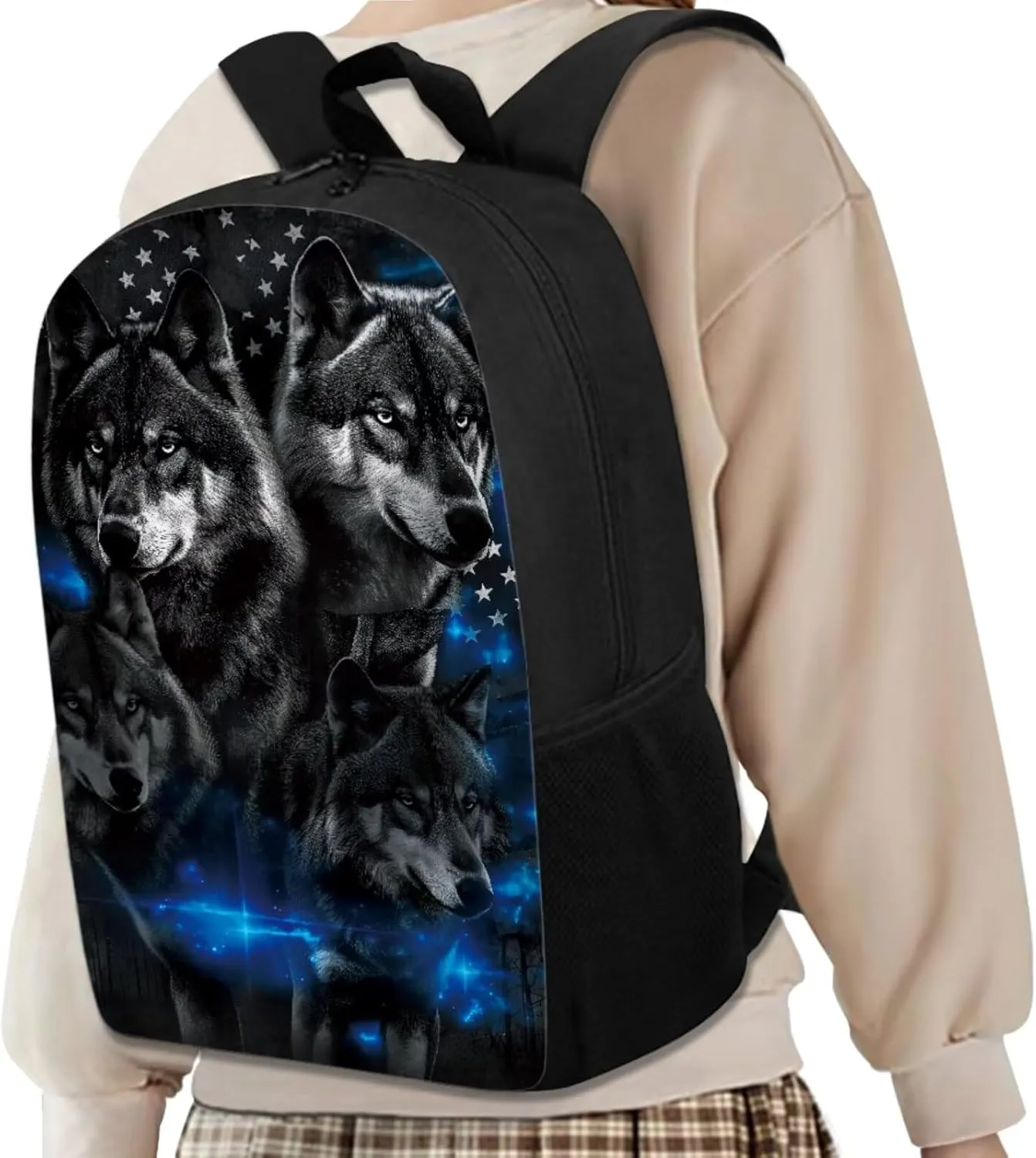 American Flag Wolf Backpack for Boys Kids Backpack with Lunch Box and Soft Pencil Pouch 3PCS Cute Bookbag Set for School Teens 17" Large School Bag with Side Pocket Casual Daypack Backpacks